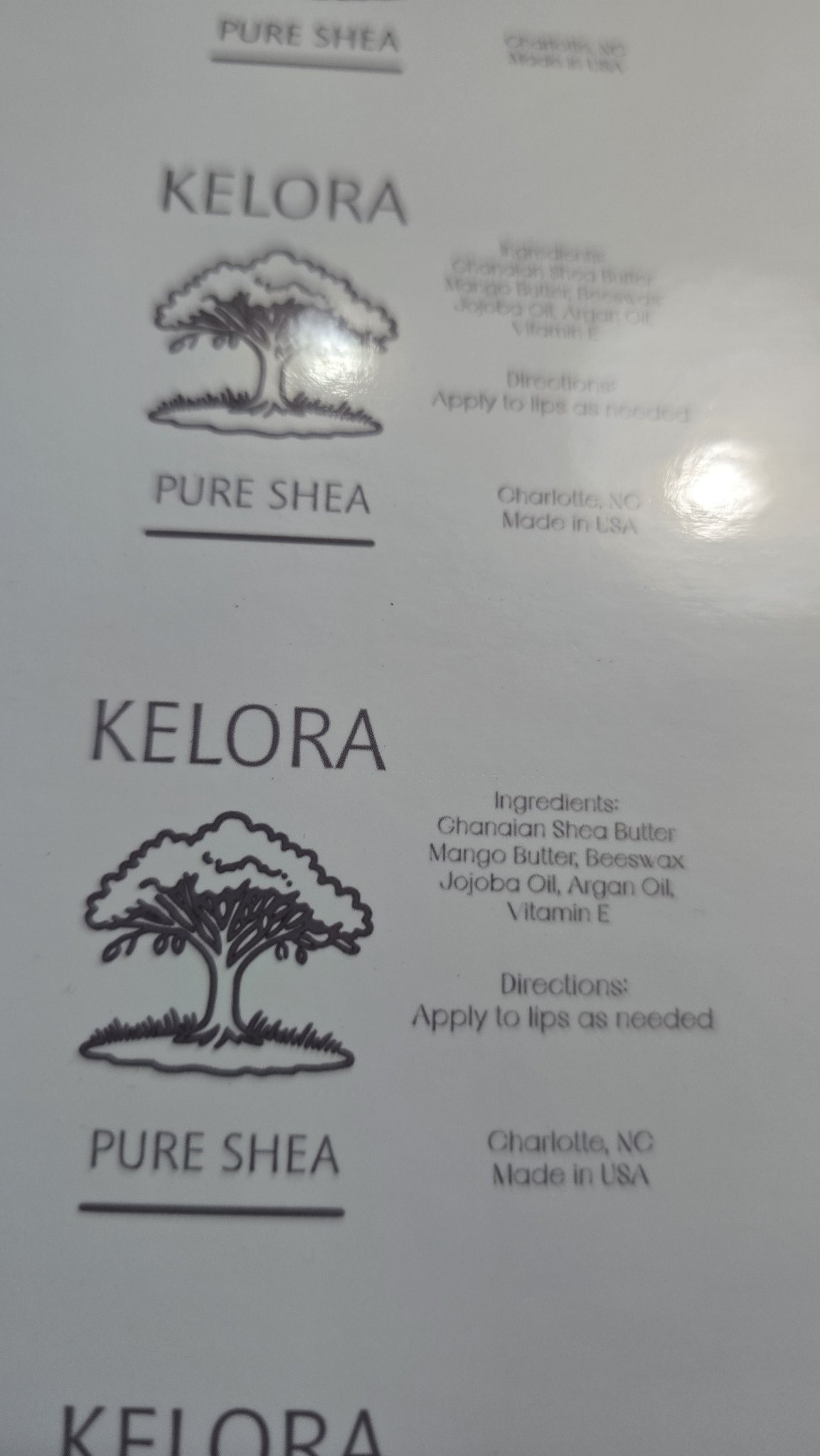 Kelora Pure Shea lip balm label